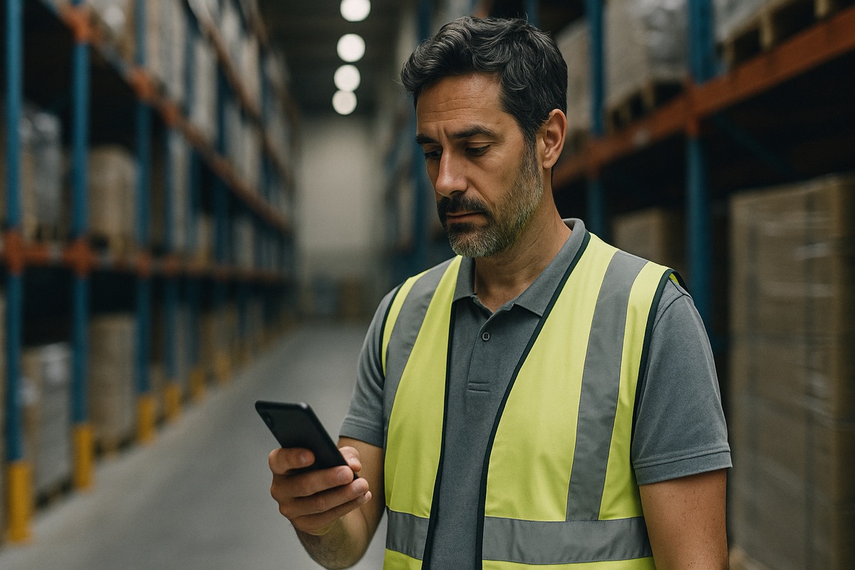 Logistics manager checking a phone notification in a warehouse