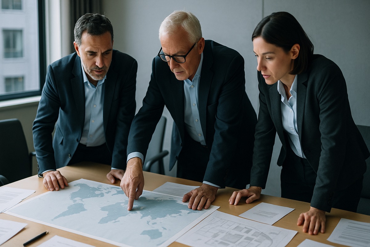 Executives reviewing a world map and site plans in a boardroom