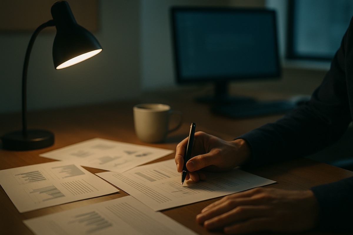 Analyst reviewing printed market data at a desk